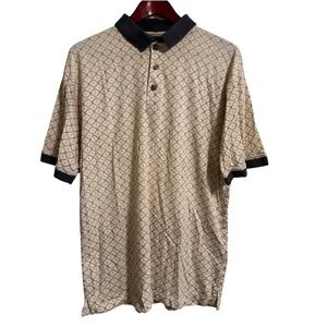 Pierre Cardin Mens Large Vintage Geometric Diamond Print Polo Shirt Beige Grey